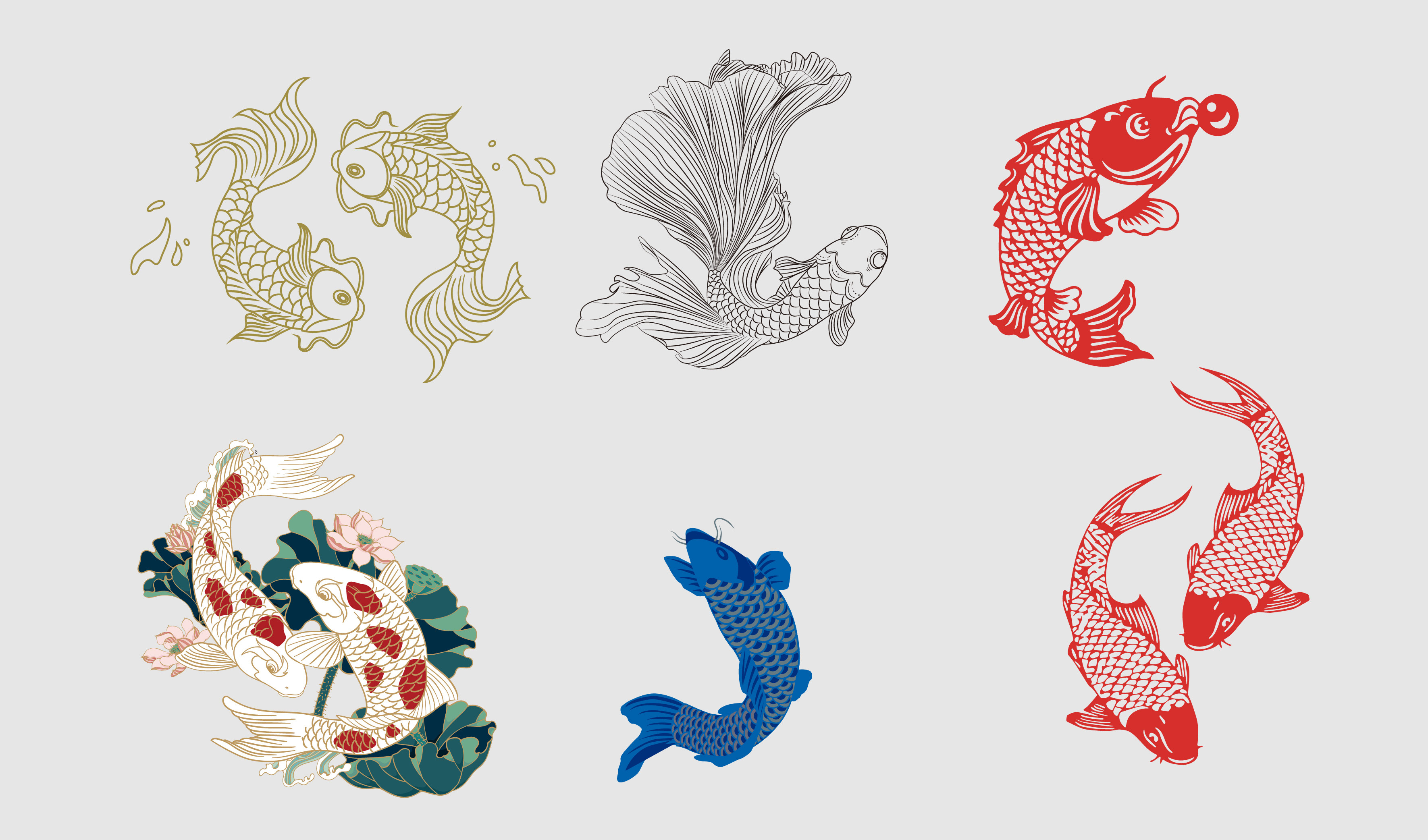 鱼（锦鲤）传统插画线条喜宴婚宴